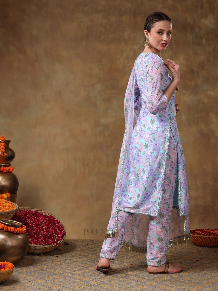 MERAKI JIYA LAVENDER FLORAL KURTA SET WITH ORGANZA DUPATTA - Pomcha Jaipur