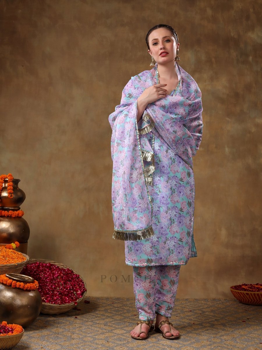 MERAKI JIYA LAVENDER FLORAL KURTA SET WITH ORGANZA DUPATTA - Pomcha Jaipur