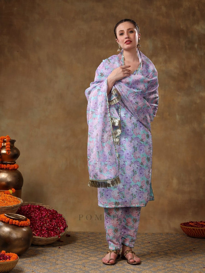 MERAKI JIYA LAVENDER FLORAL KURTA SET WITH ORGANZA DUPATTA - Pomcha Jaipur