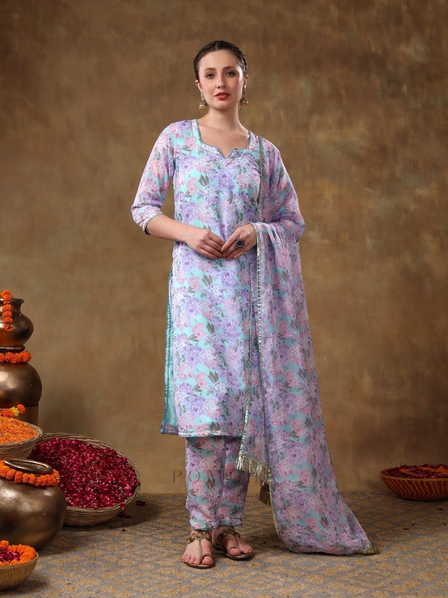 MERAKI JIYA LAVENDER FLORAL KURTA SET WITH ORGANZA DUPATTA - Pomcha Jaipur