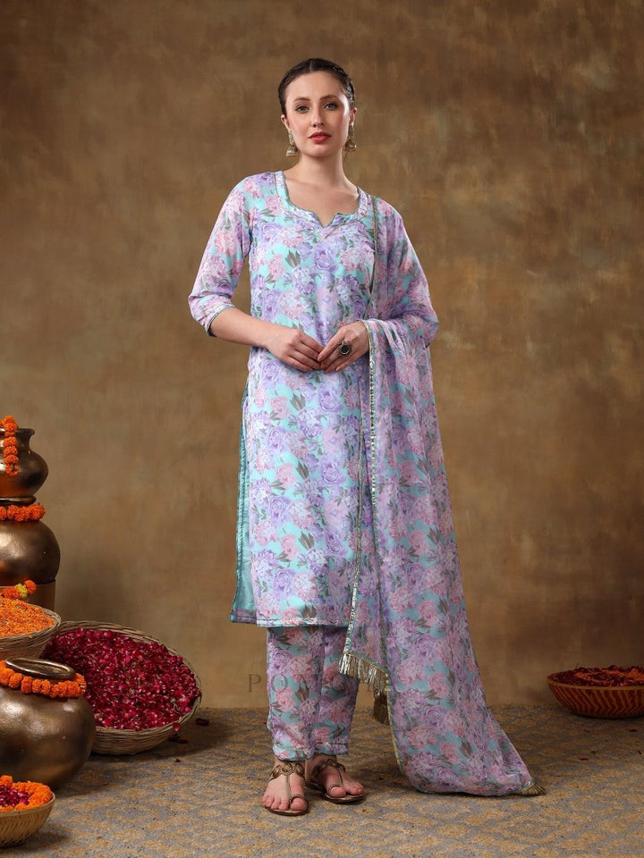 MERAKI JIYA LAVENDER FLORAL KURTA SET WITH ORGANZA DUPATTA - Pomcha Jaipur