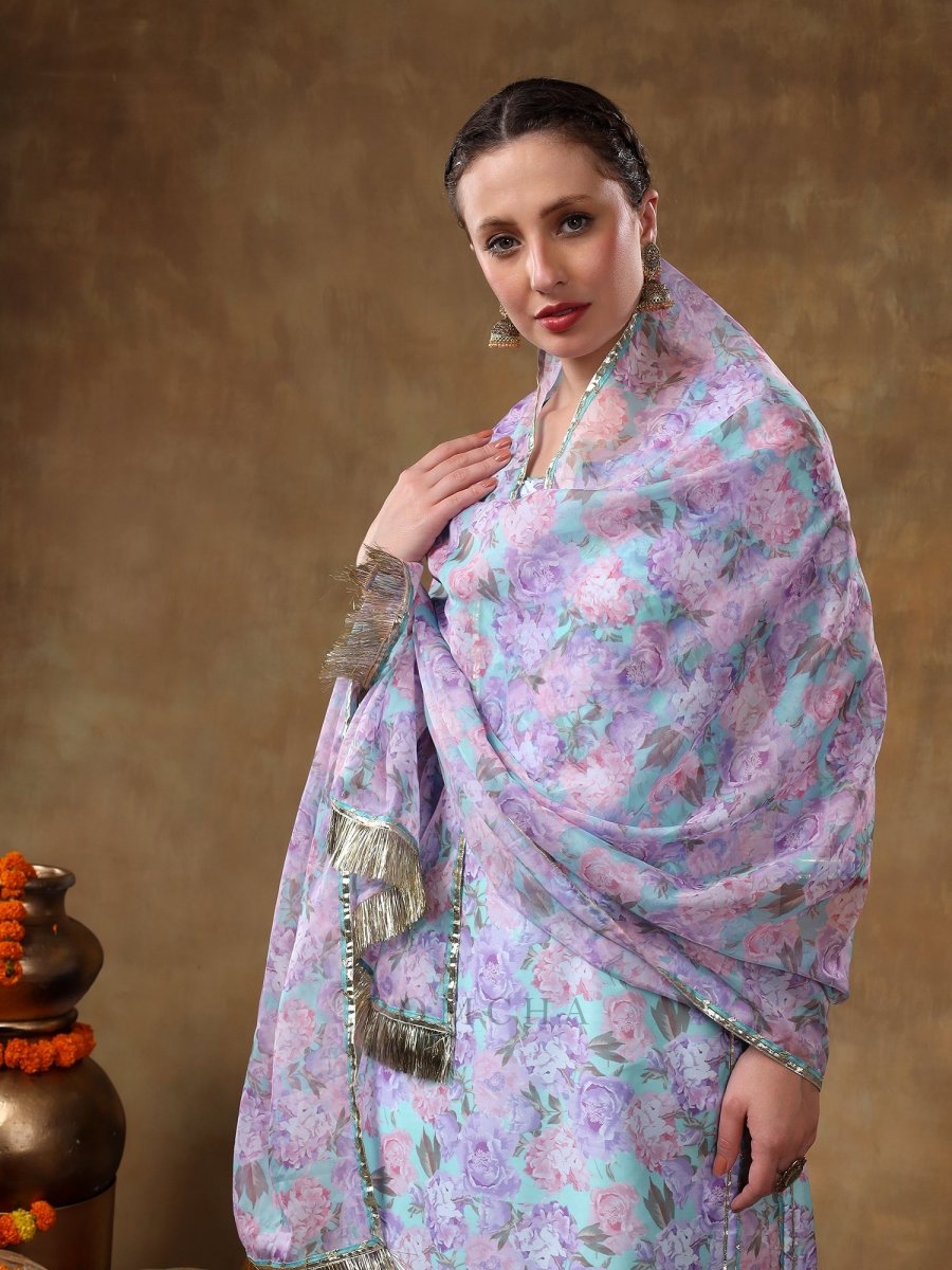 MERAKI JIYA LAVENDER FLORAL KURTA SET WITH ORGANZA DUPATTA - Pomcha Jaipur