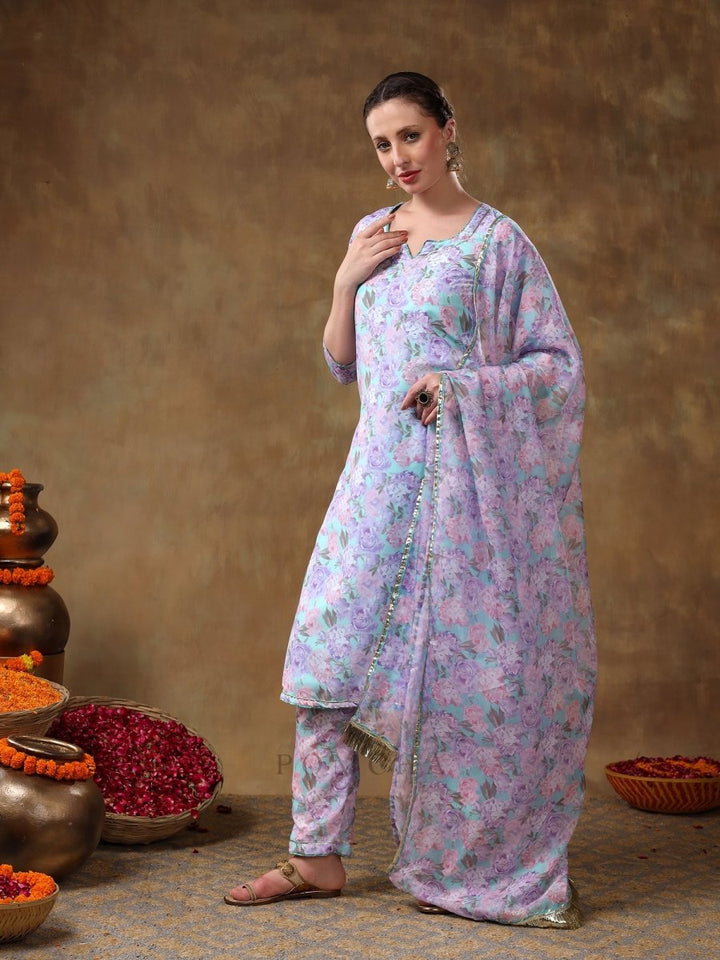MERAKI JIYA LAVENDER FLORAL KURTA SET WITH ORGANZA DUPATTA - Pomcha Jaipur