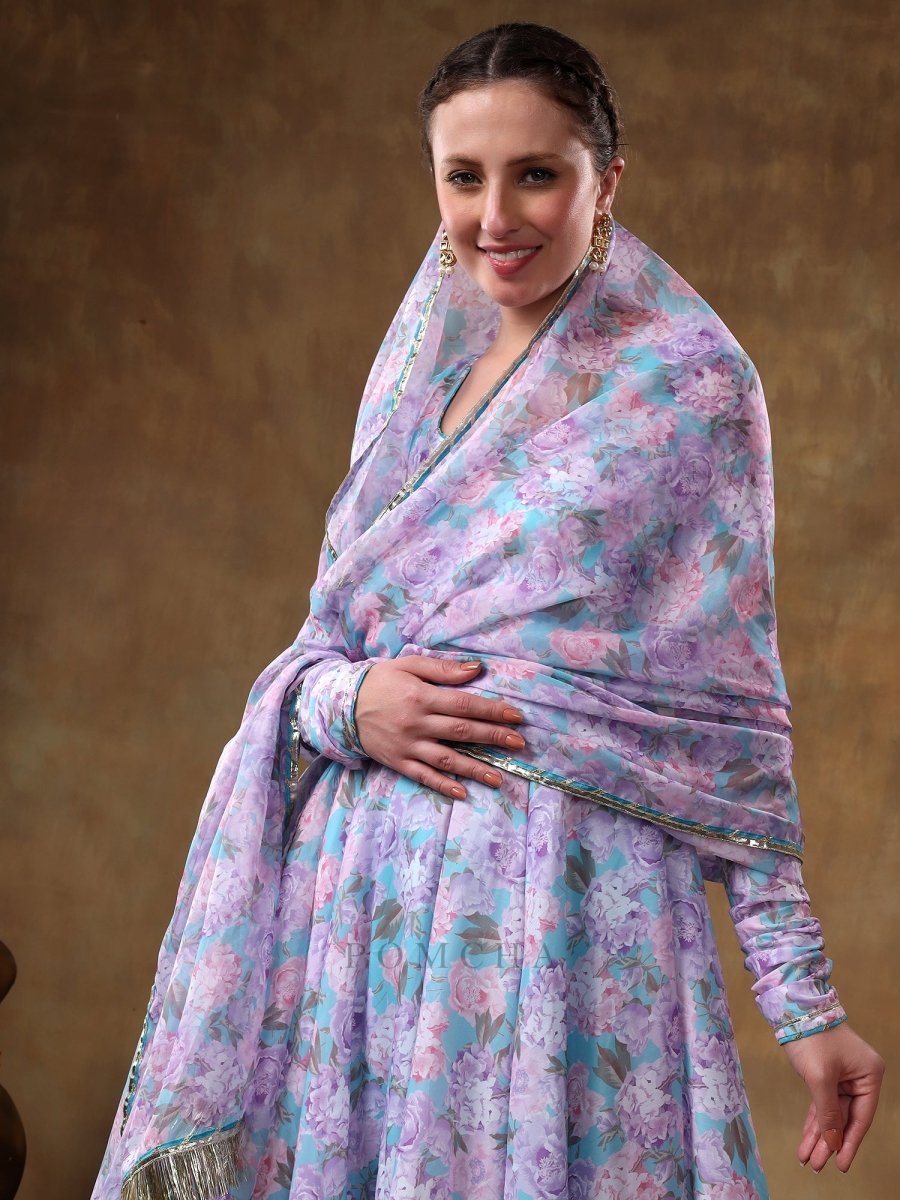 MERAKI JIYA LAVENDER MUSLIN FLORAL PRINT ANARKALI SET WITH ORGANZA DUPATTA - Pomcha Jaipur