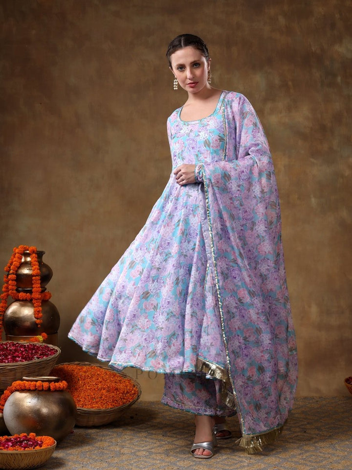 MERAKI JIYA LAVENDER MUSLIN FLORAL PRINT ANARKALI SET WITH ORGANZA DUPATTA - Pomcha Jaipur