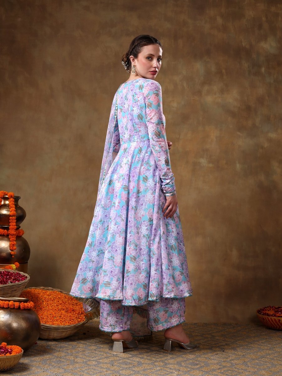 MERAKI JIYA LAVENDER MUSLIN FLORAL PRINT ANARKALI SET WITH ORGANZA DUPATTA - Pomcha Jaipur