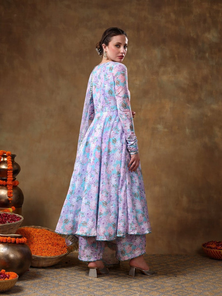 MERAKI JIYA LAVENDER MUSLIN FLORAL PRINT ANARKALI SET WITH ORGANZA DUPATTA - Pomcha Jaipur