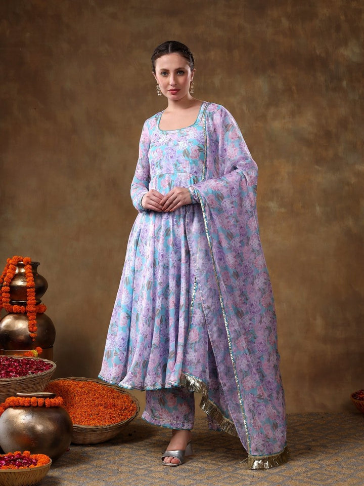 MERAKI JIYA LAVENDER MUSLIN FLORAL PRINT ANARKALI SET WITH ORGANZA DUPATTA - Pomcha Jaipur
