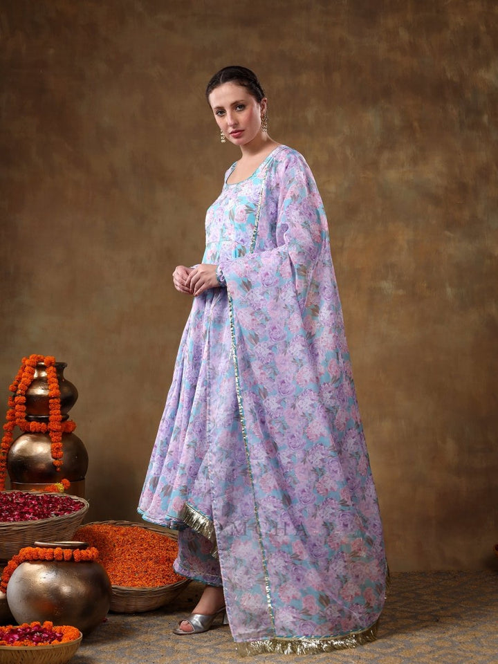MERAKI JIYA LAVENDER MUSLIN FLORAL PRINT ANARKALI SET WITH ORGANZA DUPATTA - Pomcha Jaipur