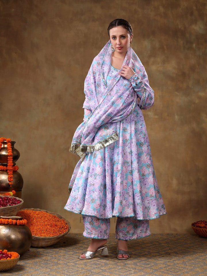 MERAKI JIYA LAVENDER MUSLIN FLORAL PRINT ANARKALI SET WITH ORGANZA DUPATTA - Pomcha Jaipur