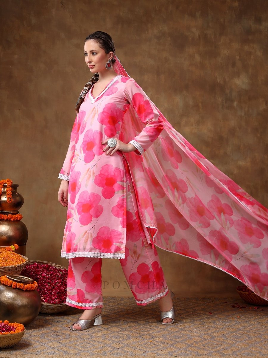 MERAKI MAYA FLORAL PINK MUSLIN KURTA SET WITH ORGANZA DUPATTA - Pomcha Jaipur