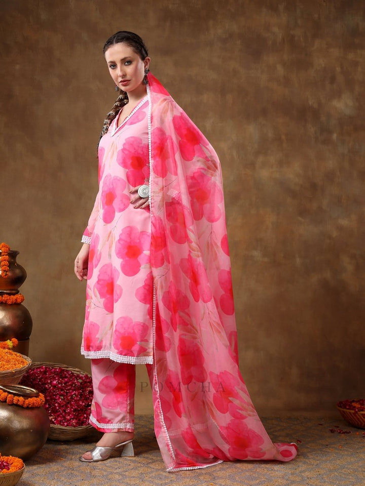 MERAKI MAYA FLORAL PINK MUSLIN KURTA SET WITH ORGANZA DUPATTA - Pomcha Jaipur