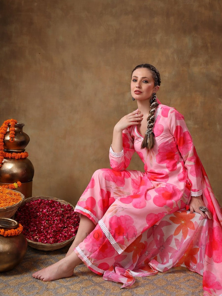 MERAKI MAYA FLORAL PINK MUSLIN KURTA SET WITH ORGANZA DUPATTA - Pomcha Jaipur
