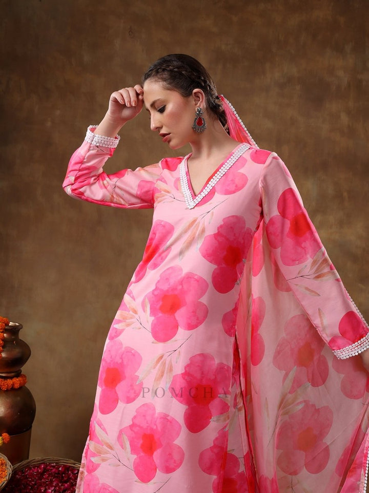 MERAKI MAYA FLORAL PINK MUSLIN KURTA SET WITH ORGANZA DUPATTA - Pomcha Jaipur