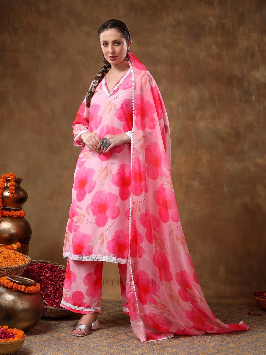 MERAKI MAYA FLORAL PINK MUSLIN KURTA SET WITH ORGANZA DUPATTA - Pomcha Jaipur