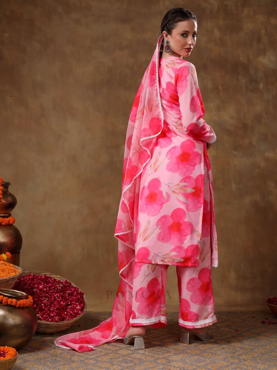 MERAKI MAYA FLORAL PINK MUSLIN KURTA SET WITH ORGANZA DUPATTA - Pomcha Jaipur