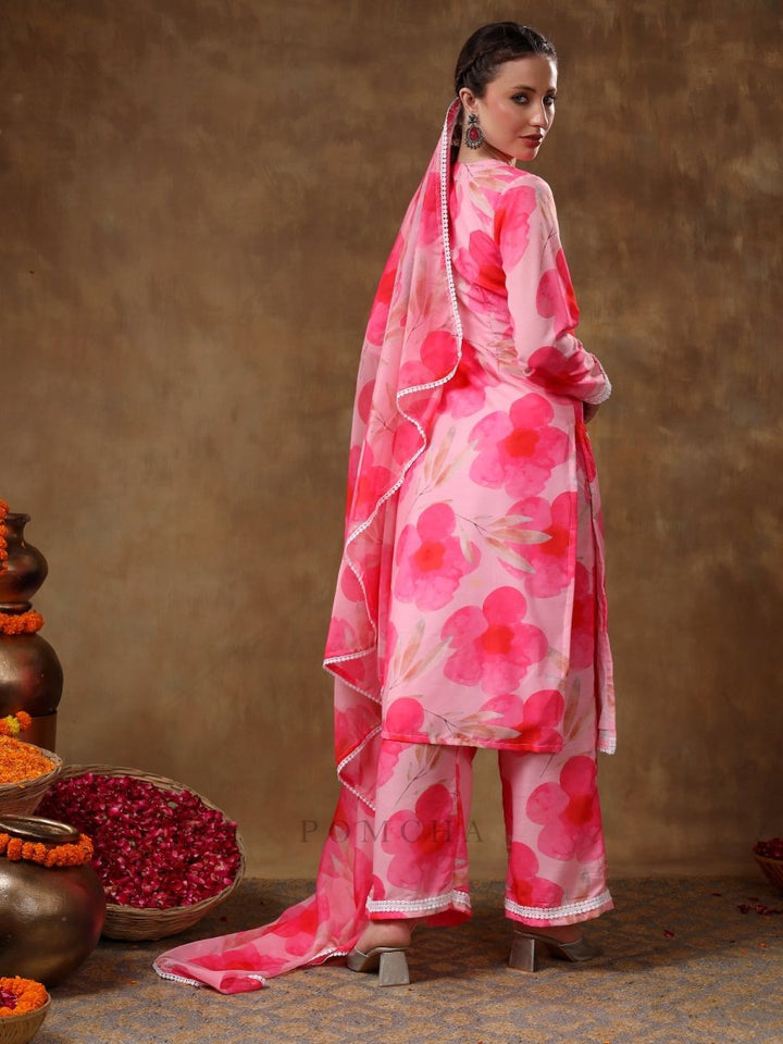 MERAKI MAYA FLORAL PINK MUSLIN KURTA SET WITH ORGANZA DUPATTA - Pomcha Jaipur