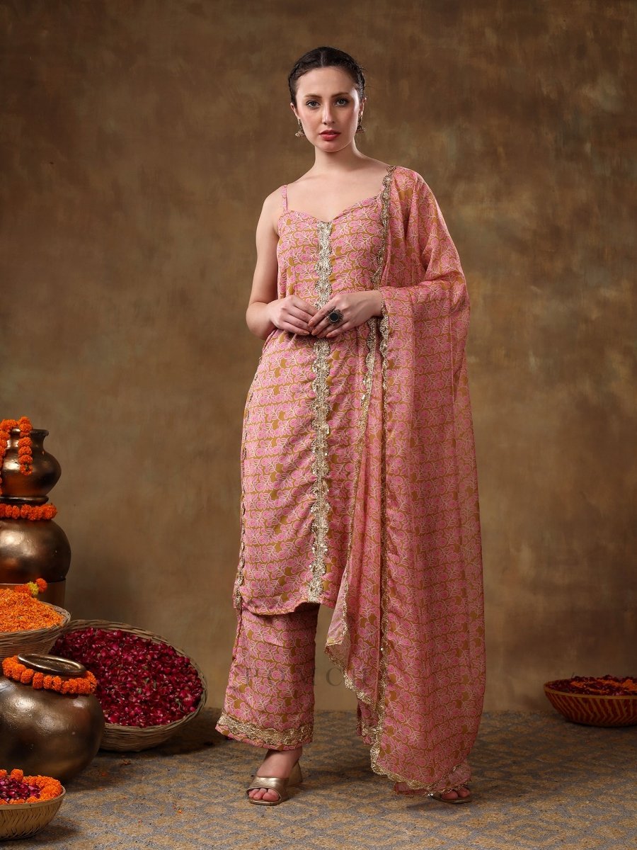MERAKI NAILA GOTTA LACE WORK LIGHT BROWN KURTA SET WITH ORGANZA DUPATTA - Pomcha Jaipur