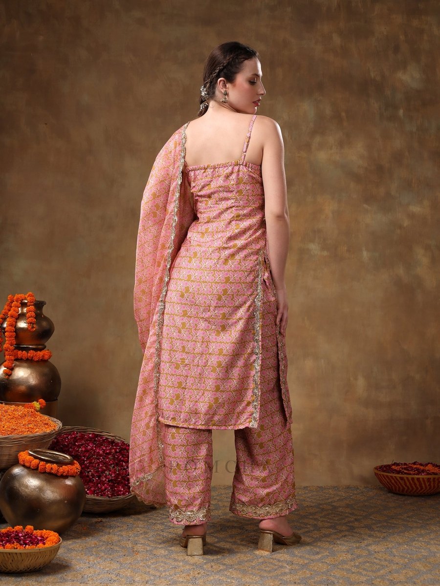 MERAKI NAILA GOTTA LACE WORK LIGHT BROWN KURTA SET WITH ORGANZA DUPATTA - Pomcha Jaipur