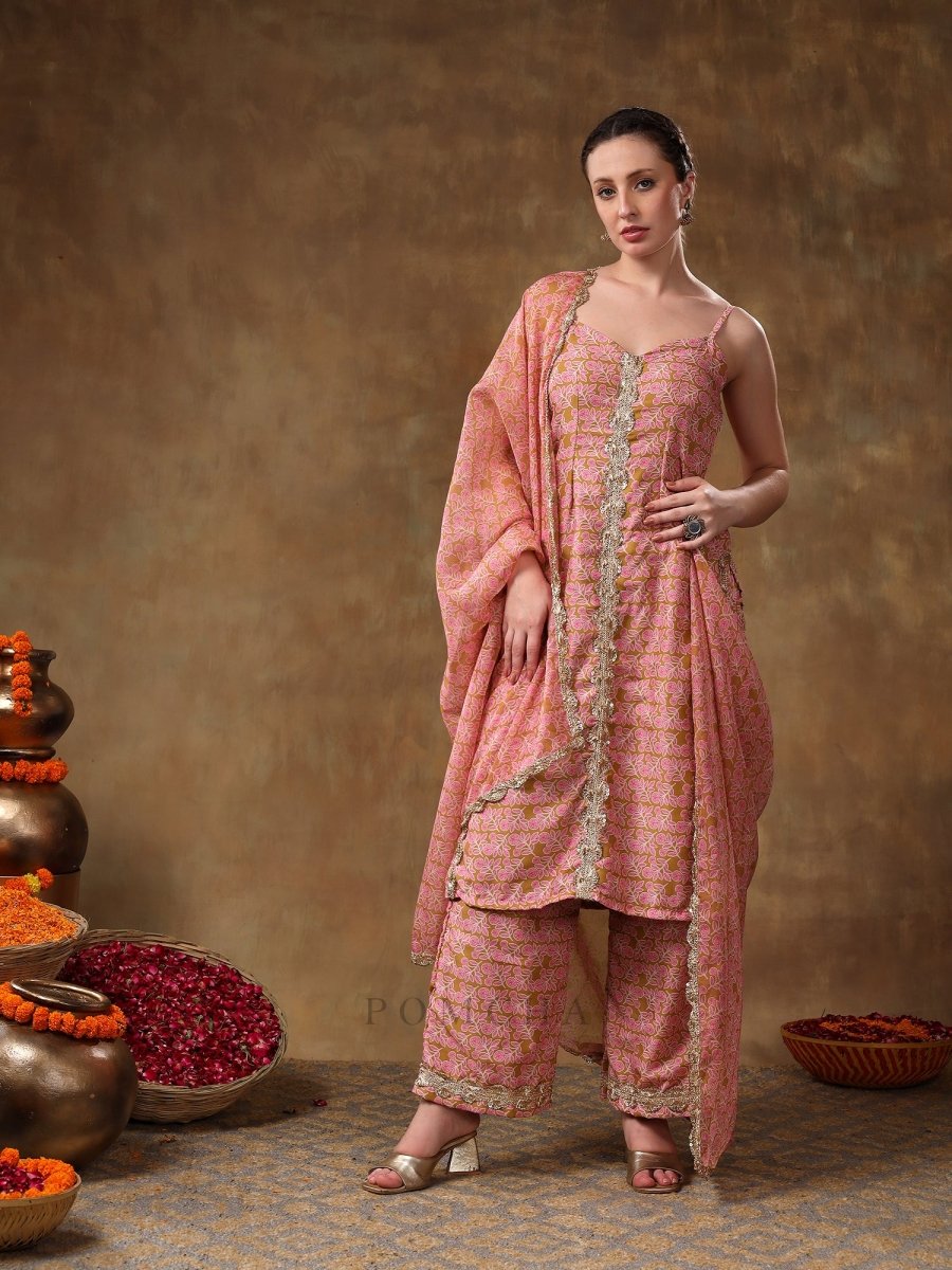 MERAKI NAILA GOTTA LACE WORK LIGHT BROWN KURTA SET WITH ORGANZA DUPATTA - Pomcha Jaipur