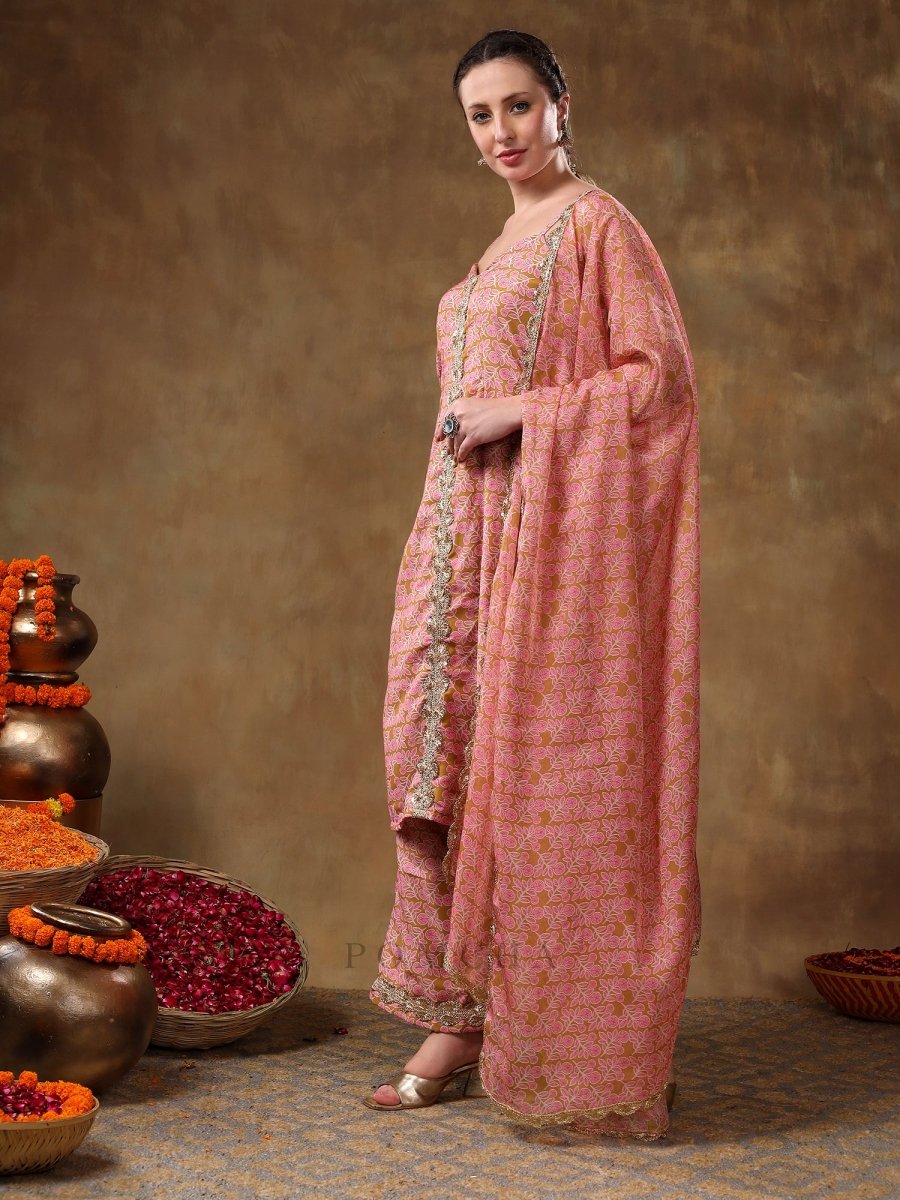 MERAKI NAILA GOTTA LACE WORK LIGHT BROWN KURTA SET WITH ORGANZA DUPATTA - Pomcha Jaipur