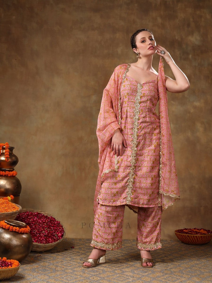 MERAKI NAILA GOTTA LACE WORK LIGHT BROWN KURTA SET WITH ORGANZA DUPATTA - Pomcha Jaipur