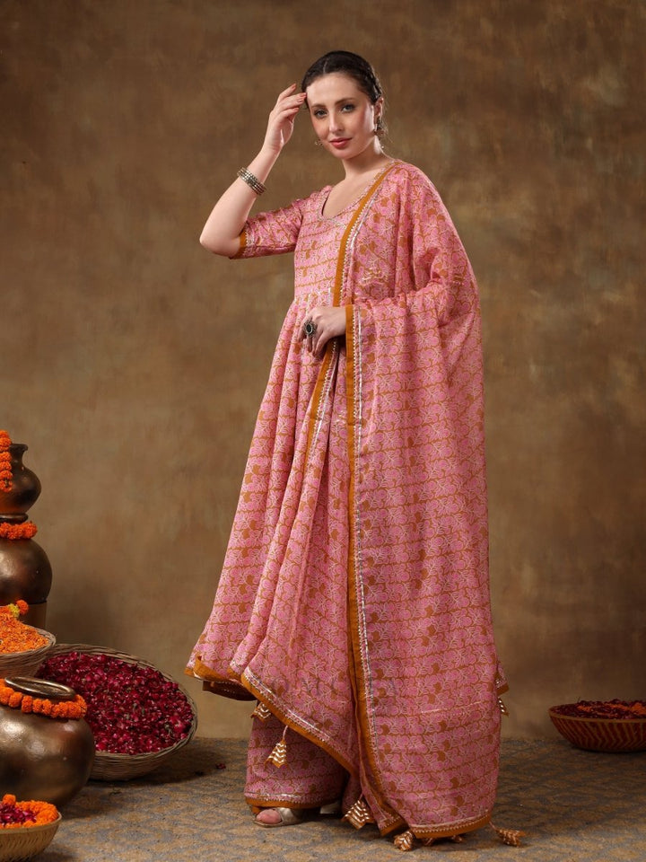 MERAKI NAILA GOTTA LACE WORK MUSLIN ANGRAKHA SET WITH PLAZO AND ORGANZA DUPATTA - Pomcha Jaipur