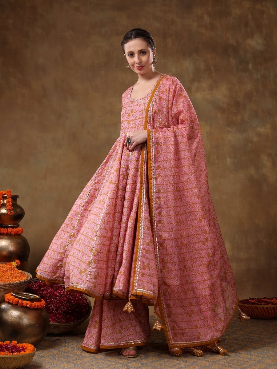 MERAKI NAILA GOTTA LACE WORK MUSLIN ANGRAKHA SET WITH PLAZO AND ORGANZA DUPATTA - Pomcha Jaipur