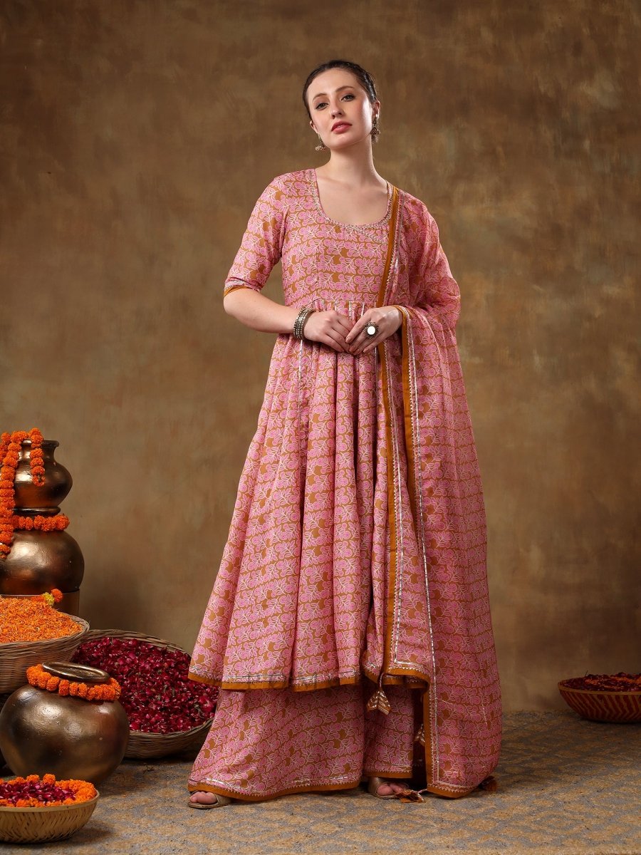 MERAKI NAILA GOTTA LACE WORK MUSLIN ANGRAKHA SET WITH PLAZO AND ORGANZA DUPATTA - Pomcha Jaipur