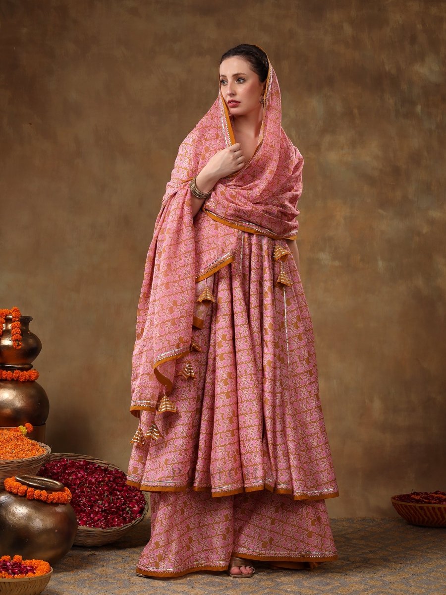 MERAKI NAILA GOTTA LACE WORK MUSLIN ANGRAKHA SET WITH PLAZO AND ORGANZA DUPATTA - Pomcha Jaipur