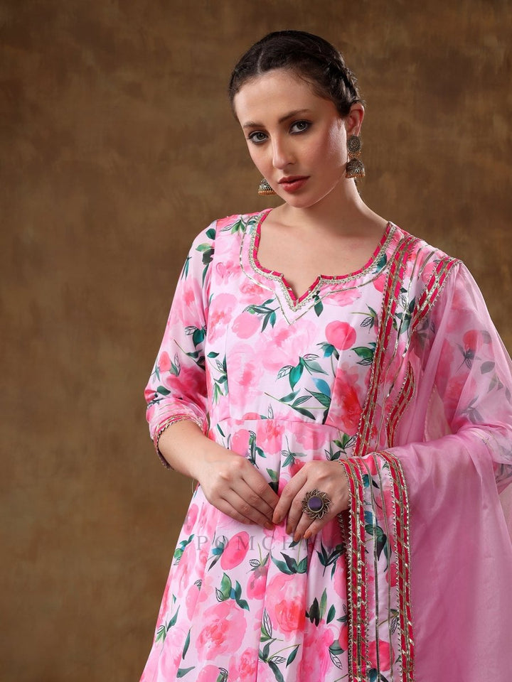 MERAKI NOOR PINK FLORAL MUSLIN GOTTA WORK ANARKALI SET WITH ORGANZA DUPATTA - Pomcha Jaipur