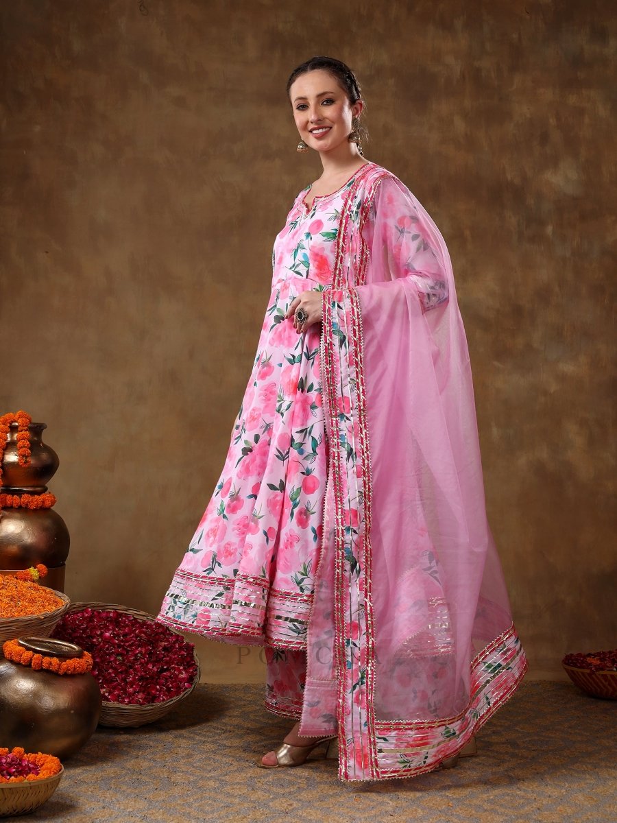 MERAKI NOOR PINK FLORAL MUSLIN GOTTA WORK ANARKALI SET WITH ORGANZA DUPATTA - Pomcha Jaipur