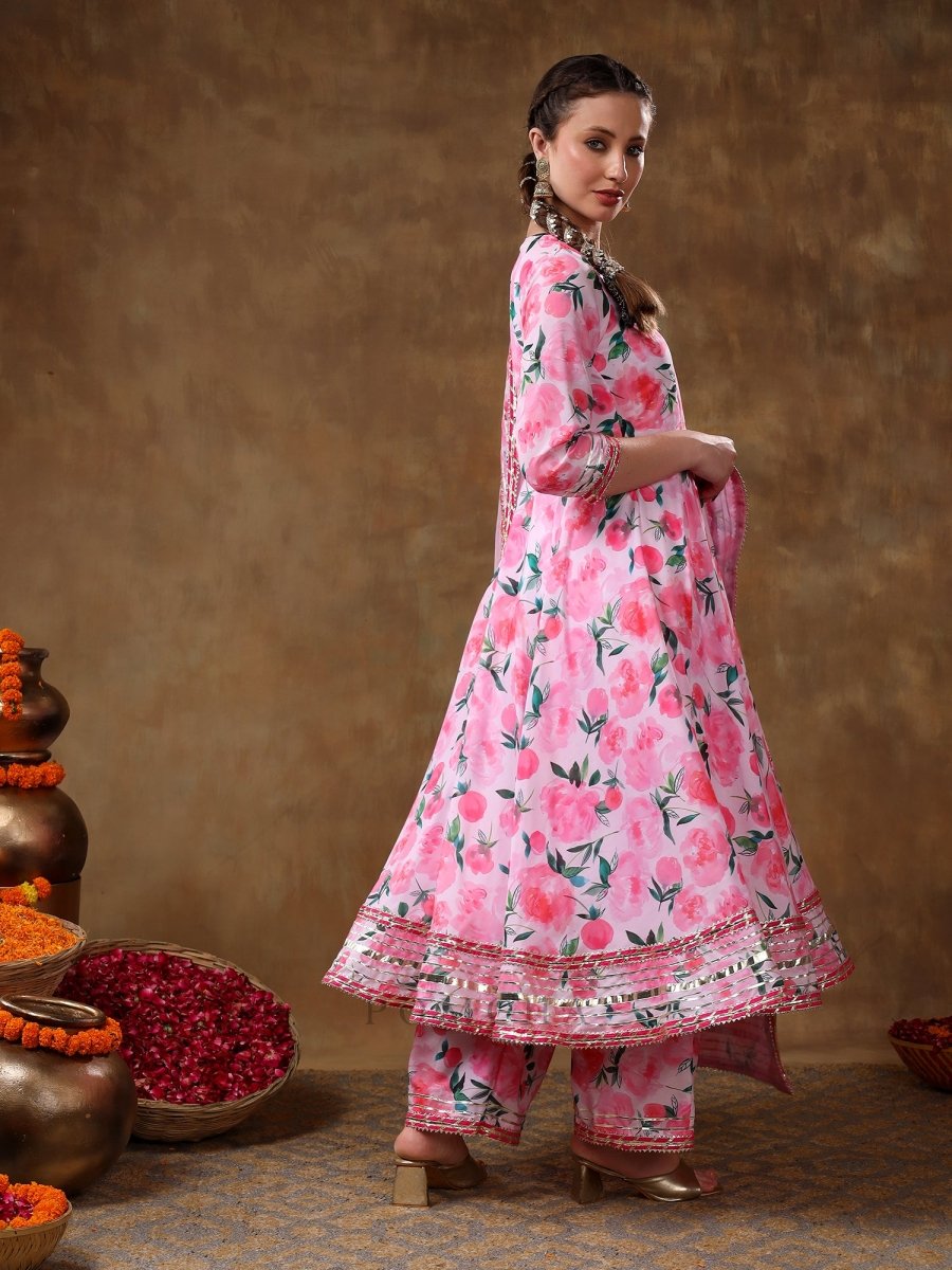 MERAKI NOOR PINK FLORAL MUSLIN GOTTA WORK ANARKALI SET WITH ORGANZA DUPATTA - Pomcha Jaipur