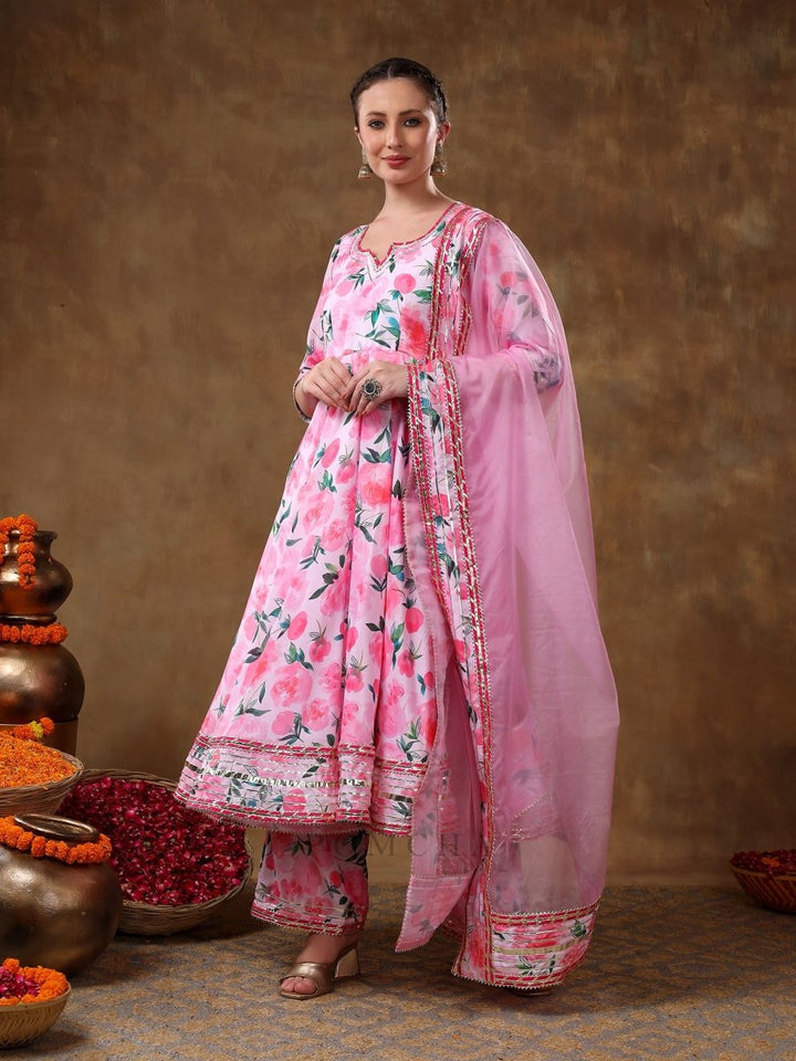 MERAKI NOOR PINK FLORAL MUSLIN GOTTA WORK ANARKALI SET WITH ORGANZA DUPATTA - Pomcha Jaipur