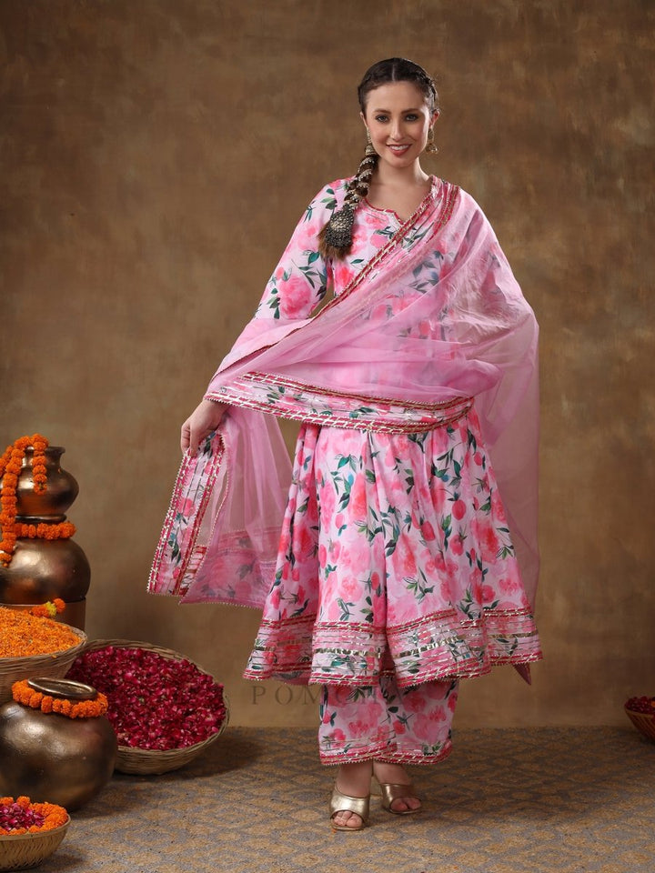 MERAKI NOOR PINK FLORAL MUSLIN GOTTA WORK ANARKALI SET WITH ORGANZA DUPATTA - Pomcha Jaipur