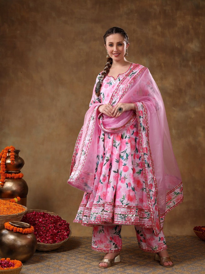 MERAKI NOOR PINK FLORAL MUSLIN GOTTA WORK ANARKALI SET WITH ORGANZA DUPATTA - Pomcha Jaipur