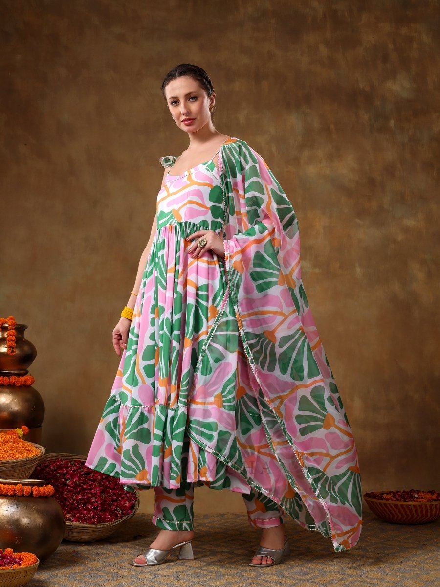 MERAKI OMERA PINK FLORAL PRINT FRILL MUSLIN ANARKALI WITH ORGANZA DUPATTA - Pomcha Jaipur