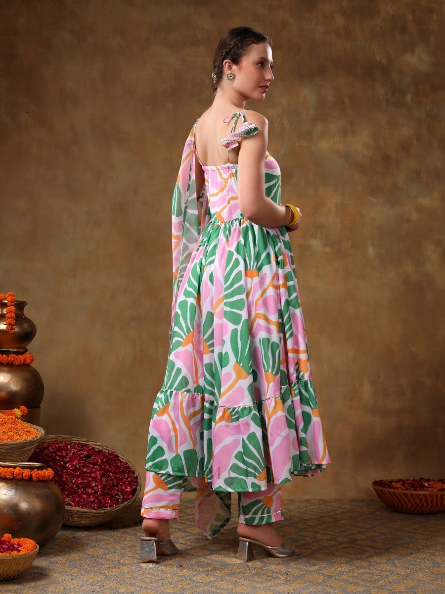 MERAKI OMERA PINK FLORAL PRINT FRILL MUSLIN ANARKALI WITH ORGANZA DUPATTA - Pomcha Jaipur