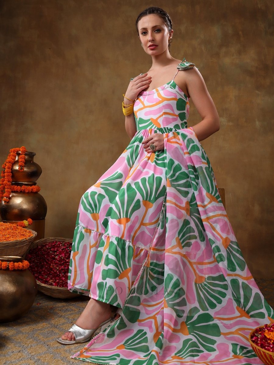 MERAKI OMERA PINK FLORAL PRINT FRILL MUSLIN ANARKALI WITH ORGANZA DUPATTA - Pomcha Jaipur