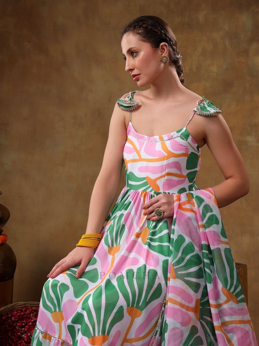 MERAKI OMERA PINK FLORAL PRINT FRILL MUSLIN ANARKALI WITH ORGANZA DUPATTA - Pomcha Jaipur