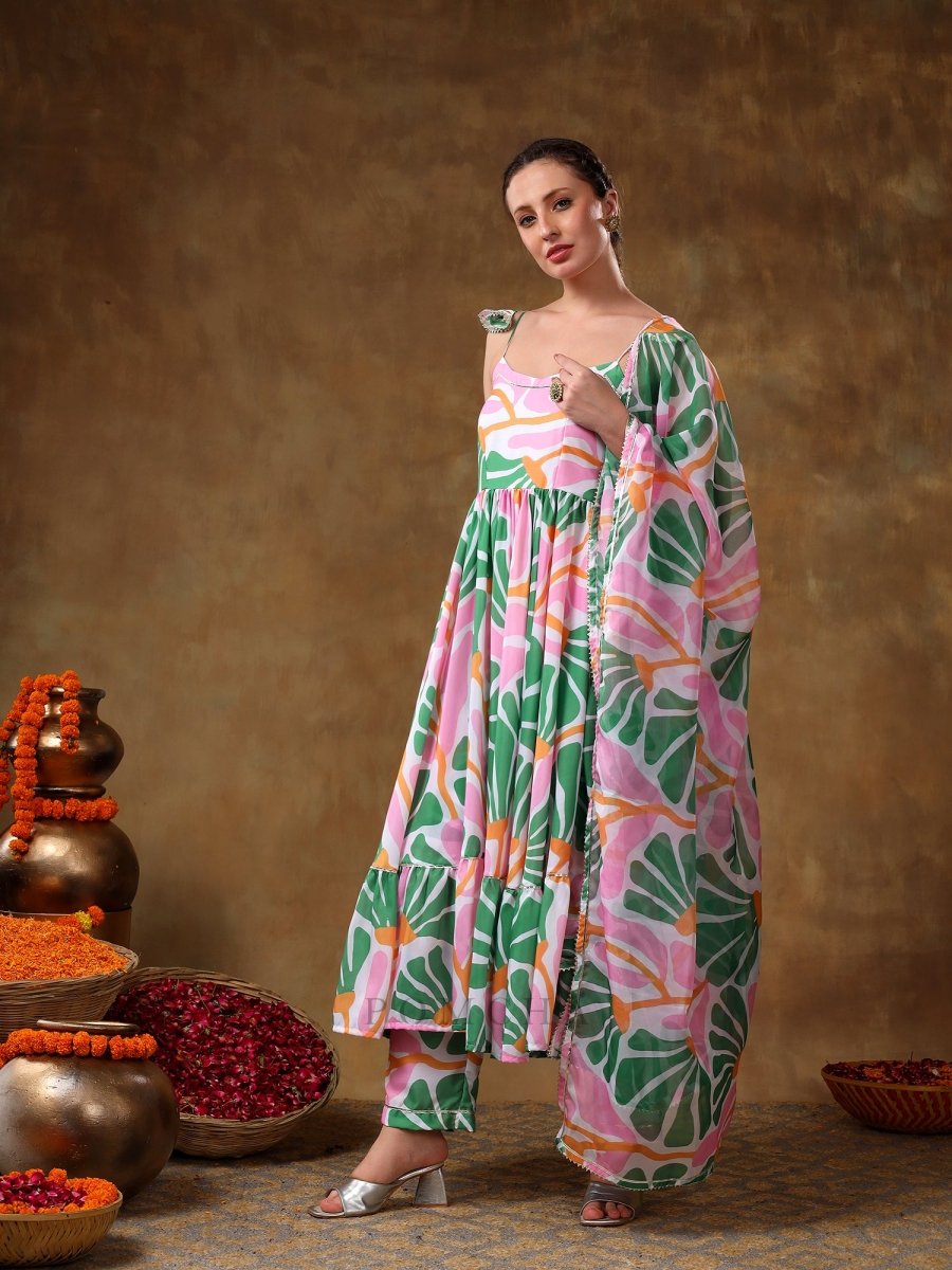 MERAKI OMERA PINK FLORAL PRINT FRILL MUSLIN ANARKALI WITH ORGANZA DUPATTA - Pomcha Jaipur