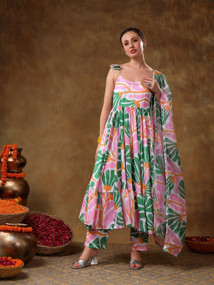 MERAKI OMERA PINK FLORAL PRINT FRILL MUSLIN ANARKALI WITH ORGANZA DUPATTA - Pomcha Jaipur