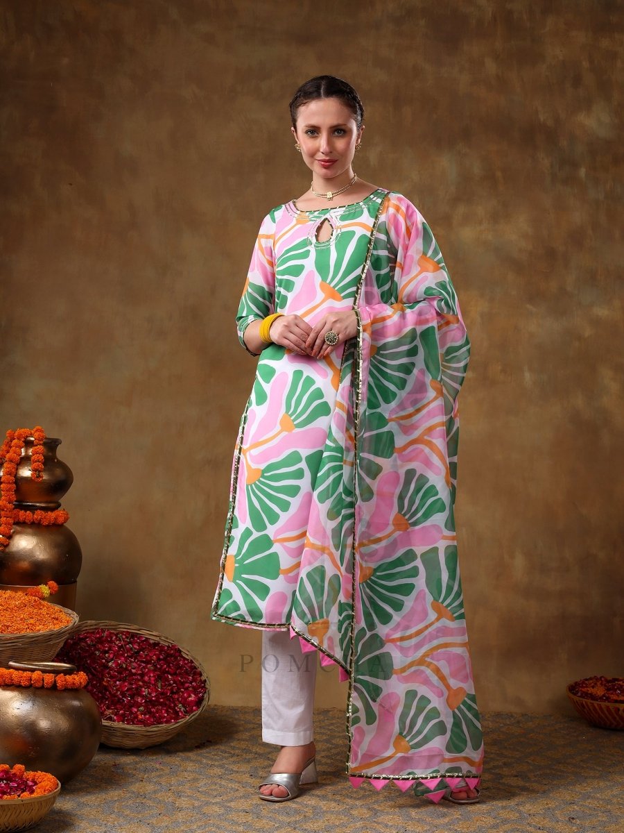 MERAKI OMERA PINK FLORAL PRINT MUSLIN KURTA SET WITH ORGANZA DUPATTA - Pomcha Jaipur
