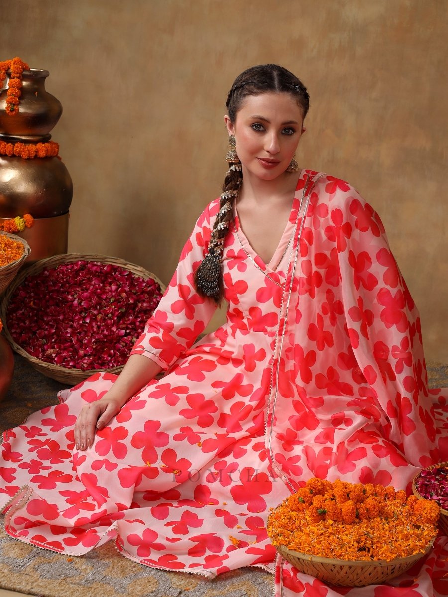 MERAKI ORANGE FLORAL MUSLIN ANARKALI SET WITH ORGANZA DUPATTA - Pomcha Jaipur