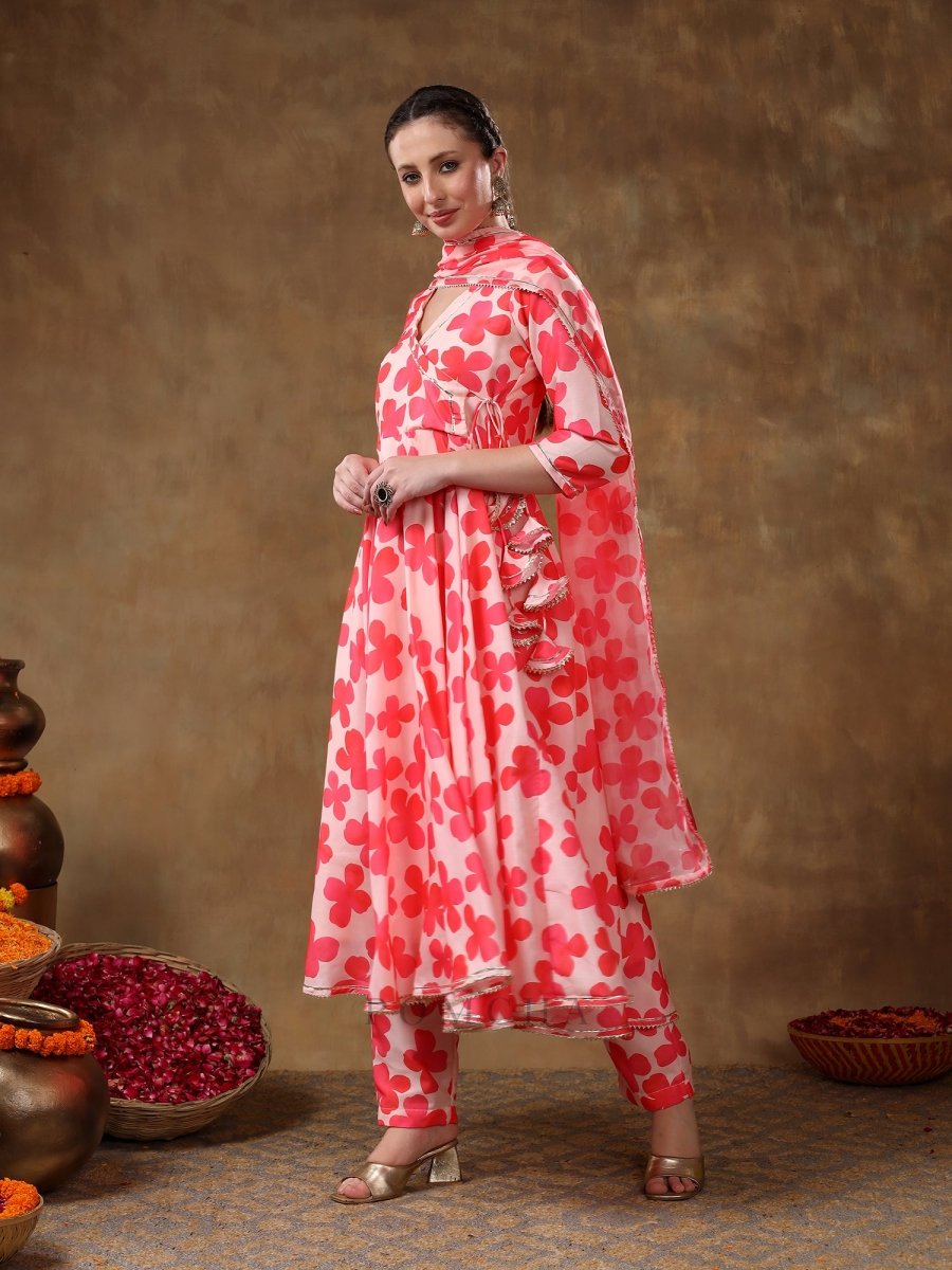 MERAKI ORANGE FLORAL MUSLIN ANARKALI SET WITH ORGANZA DUPATTA - Pomcha Jaipur