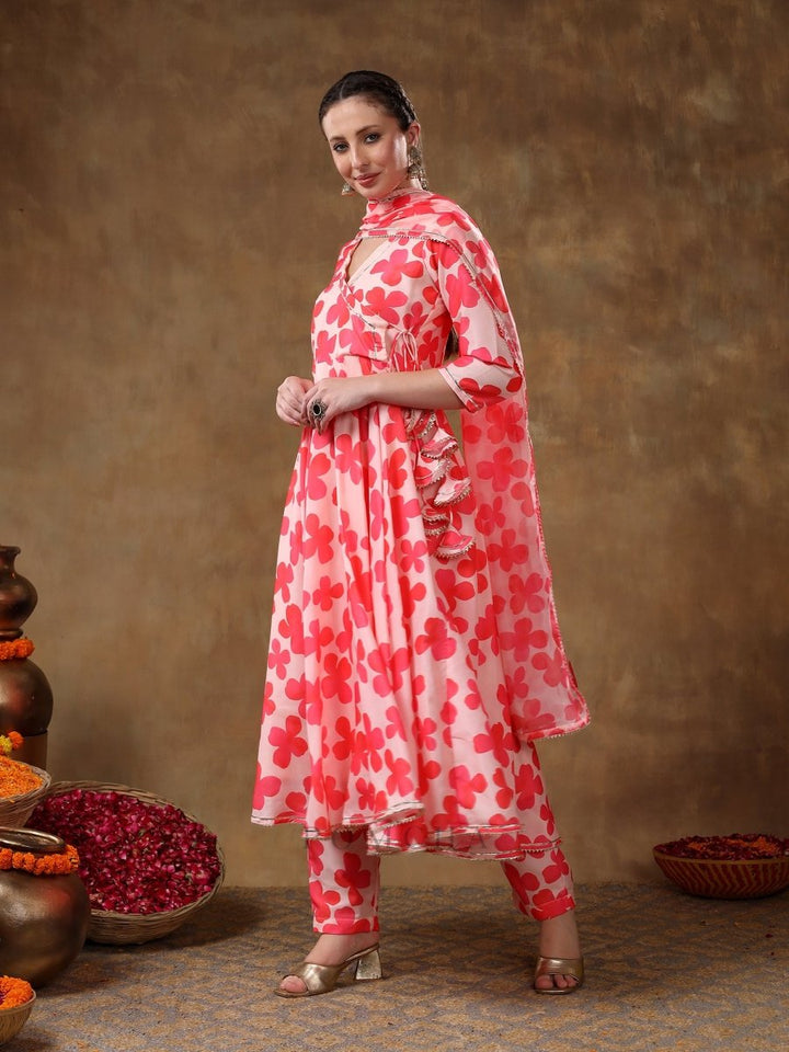 MERAKI ORANGE FLORAL MUSLIN ANARKALI SET WITH ORGANZA DUPATTA - Pomcha Jaipur