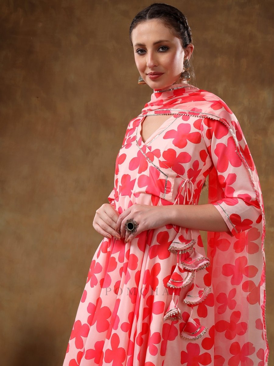 MERAKI ORANGE FLORAL MUSLIN ANARKALI SET WITH ORGANZA DUPATTA - Pomcha Jaipur