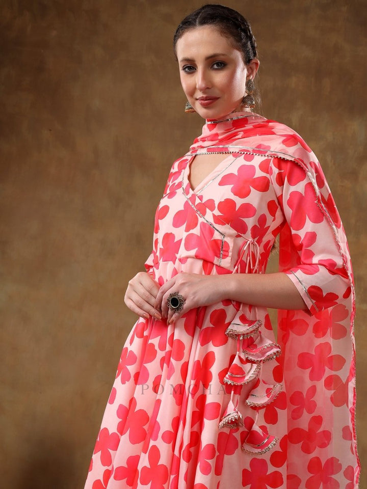 MERAKI ORANGE FLORAL MUSLIN ANARKALI SET WITH ORGANZA DUPATTA - Pomcha Jaipur