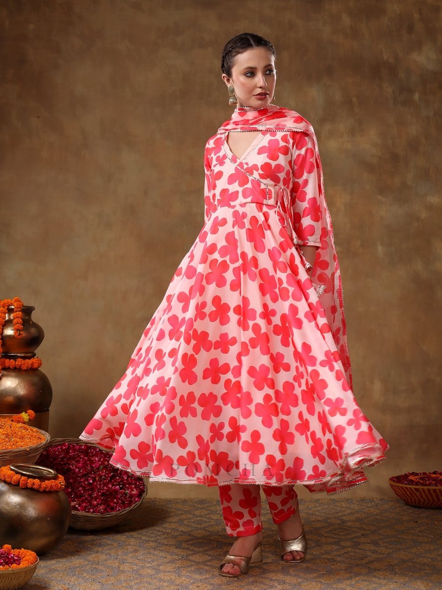 MERAKI ORANGE FLORAL MUSLIN ANARKALI SET WITH ORGANZA DUPATTA - Pomcha Jaipur