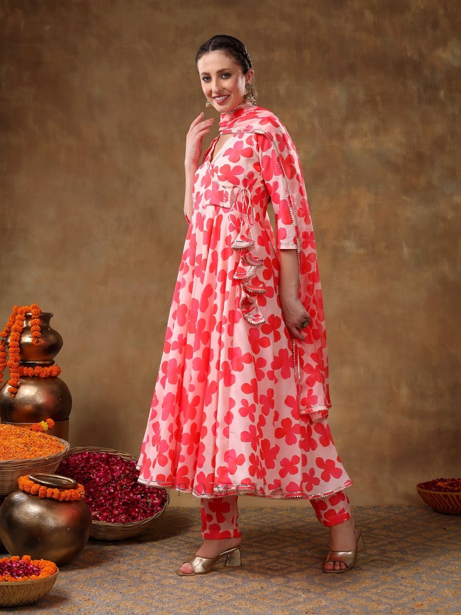 MERAKI ORANGE FLORAL MUSLIN ANARKALI SET WITH ORGANZA DUPATTA - Pomcha Jaipur